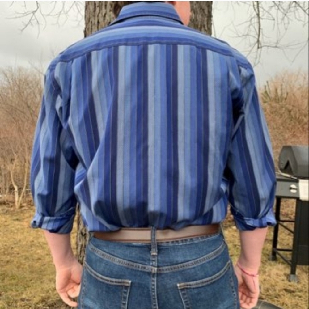 Robert Talbott Blue Striped Dress Shirt Classic Designer Pearl Fall Church - Picture 3 of 9